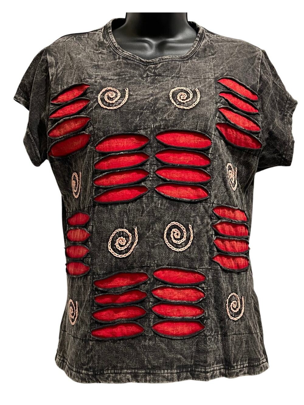 Shop Therapy Black Red Short Sleeve Textured T-Shirt - Size S/M - Vintage 90's